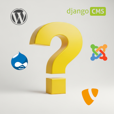 Afbeelding van een vraagteken met daar omheen logo's van diverse CMS systemen, zoals WordPress, Django, Durpal en Joomla.