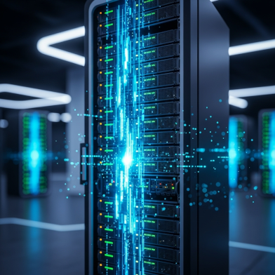 Afbeelding serverrack met diverse servers voor website hosting.