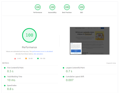Resultaten PageSpeed Insights voor de homepage van deze website.