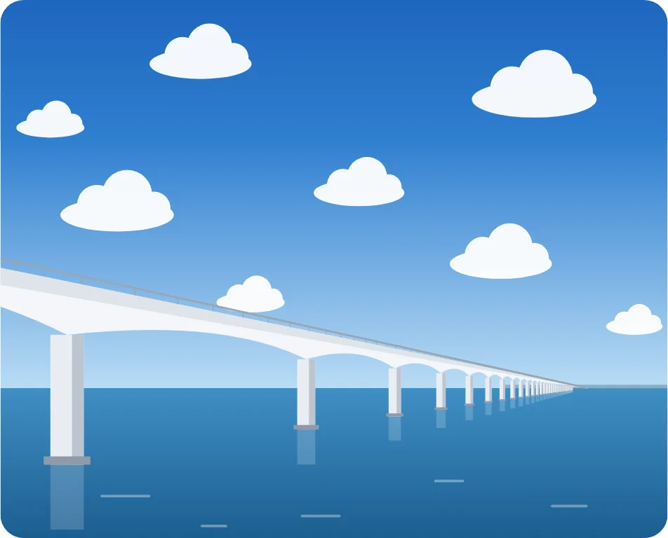 Illustratie van de Zeelandbrug met een blauwe lucht en vriendelijke wolken.