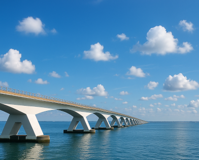 Afbeelding van de Zeelandbrug met een blauwe lucht en vriendelijke wolken.