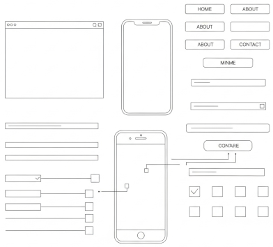 Afbeelding met een wireframe design voor een applicatie op een mobiel scherm.